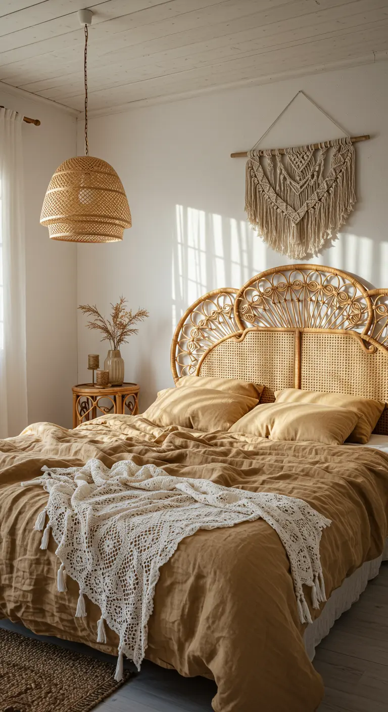 Bedroom with a rattan headboard, macrame wall hanging, and mustard-colored linen bedding.