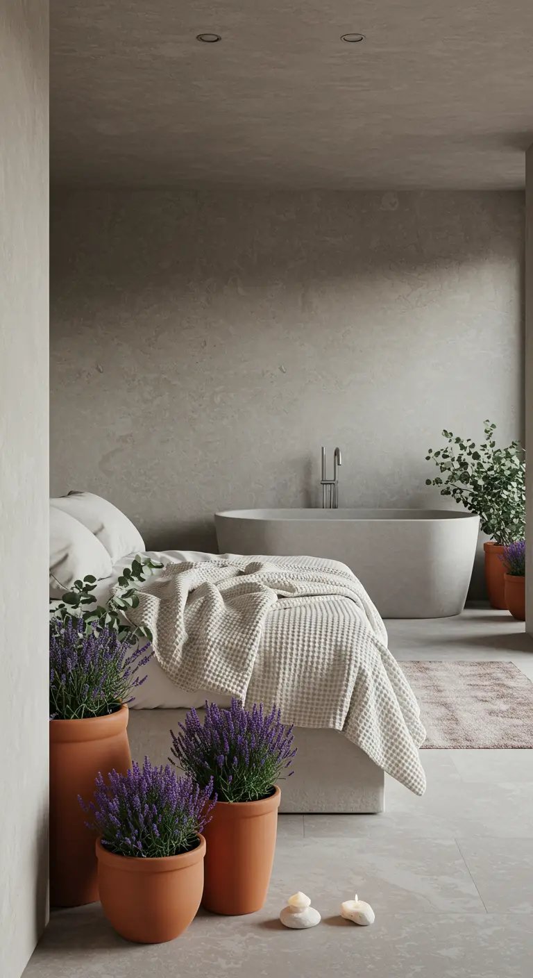 Serene bedroom and bathroom space with potted lavender plants.