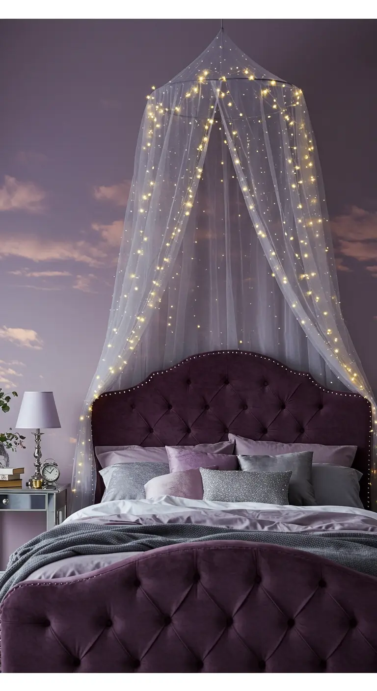 A purple tufted bed with a sheer canopy illuminated by strings of fairy lights.