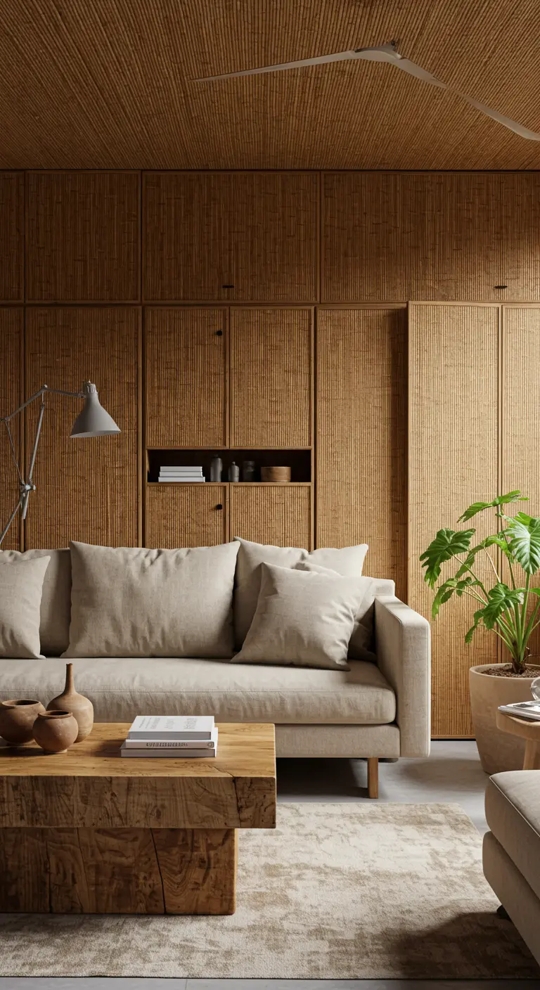 A living room with built-in cabinetry featuring natural woven rattan on the doors and ceiling.