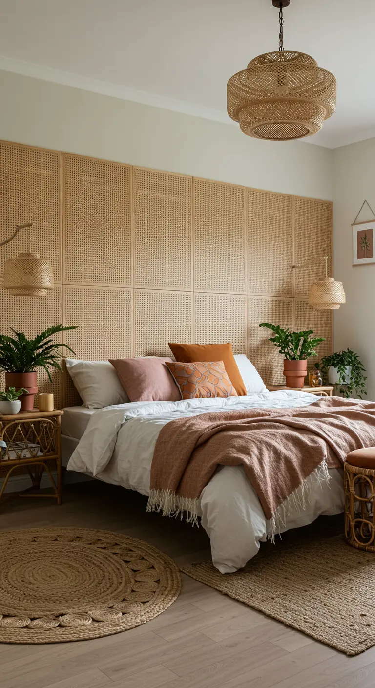 A bedroom with a floor-to-ceiling accent wall made of rattan panels.