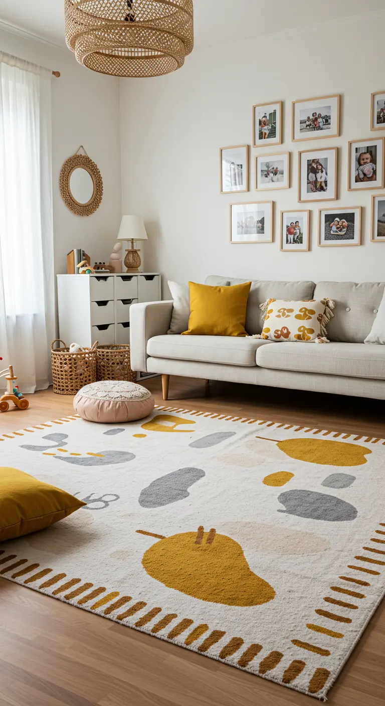 A family-friendly living room with a whimsical rug and a gallery wall of family photos.
