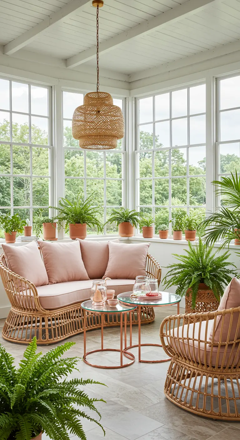 Sunroom filled with plants, featuring a pink rattan sofa and rose gold coffee tables.