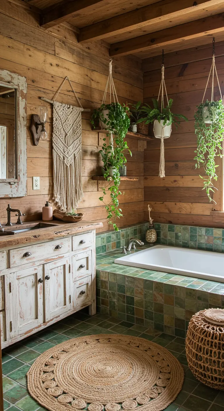 Rustic wood bathroom with a distressed vanity, hanging plants, and macrame decor.