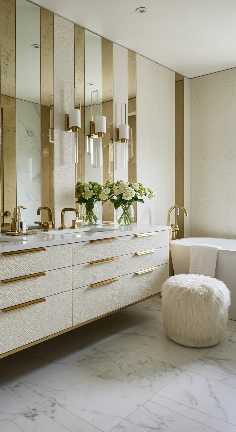 Elegant bathroom with a textured white vanity and a fluffy white stool.