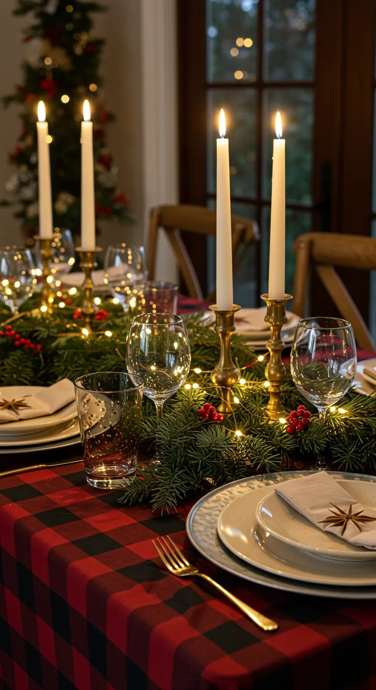 Christmas table with a red buffalo check tablecloth and an illuminated evergreen garland.