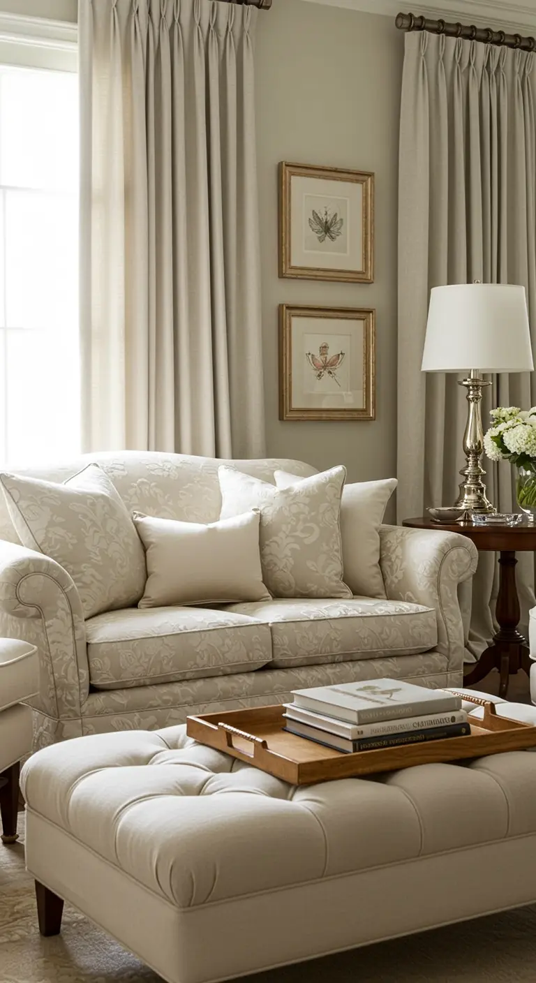 A serene, all-neutral living room with a cream damask sofa and tufted ottoman.