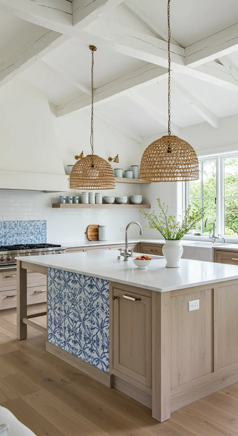 A light wood and white kitchen with large rattan pendant lights and a blue patterned tile island.