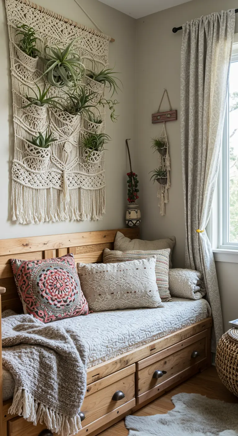 A boho-style daybed with a large macrame wall hanging that holds several air plants.