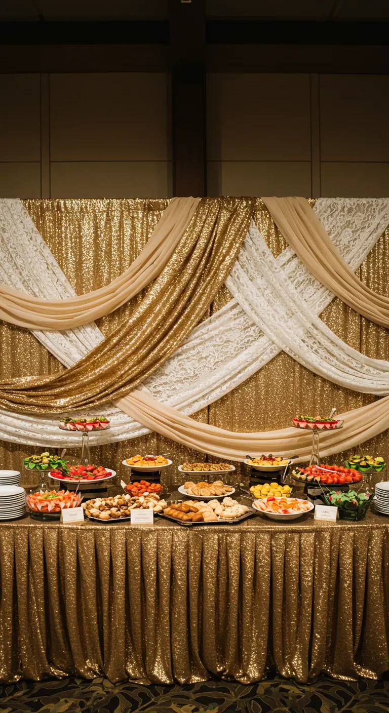 A buffet table backdrop made of a gold sequin curtain elegantly draped with white lace and sheer fabric.
