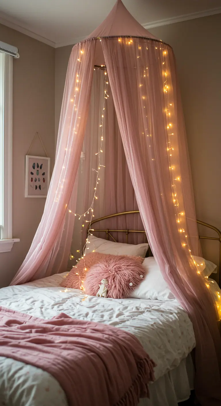 A dusty pink bed canopy draped with warm white fairy lights.