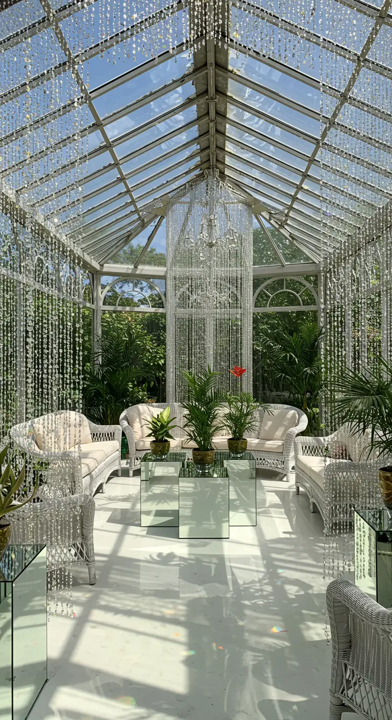 Ethereal sunroom with crystal garlands hanging from the glass ceiling over white wicker furniture.
