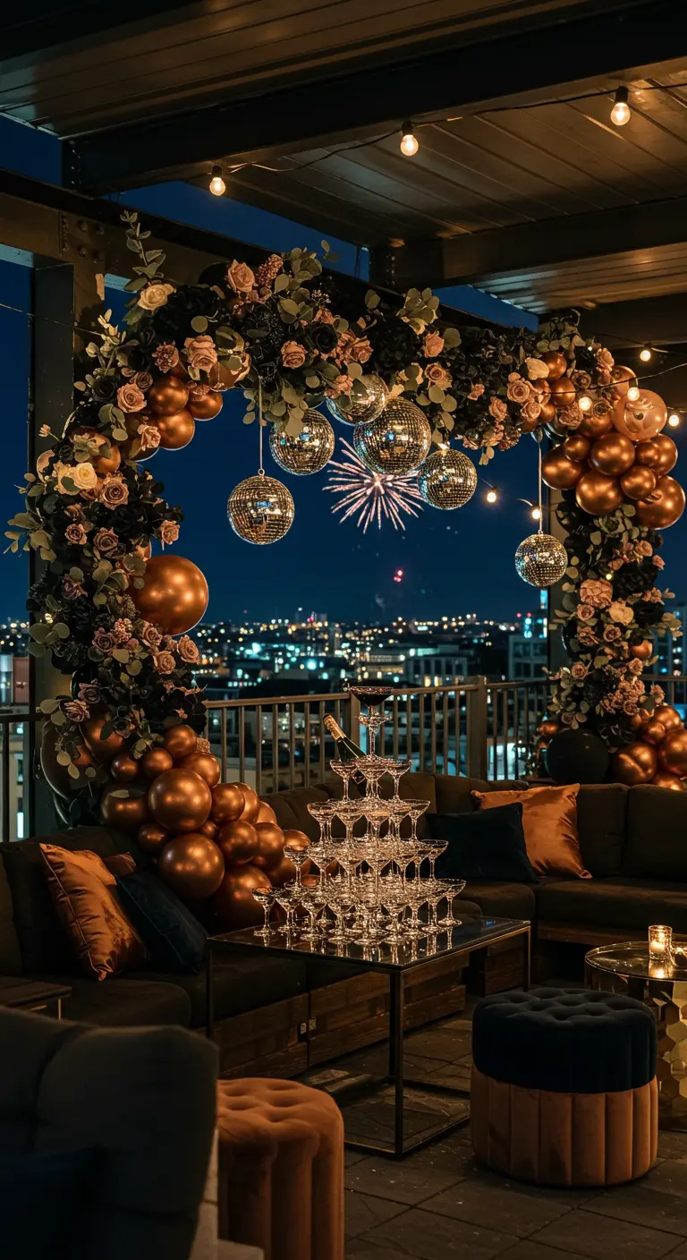A bronze balloon arch decorated with roses and disco balls on a rooftop at night.