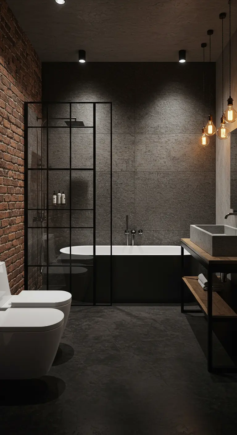 Industrial bathroom with exposed brick, concrete walls, and black-framed glass shower.