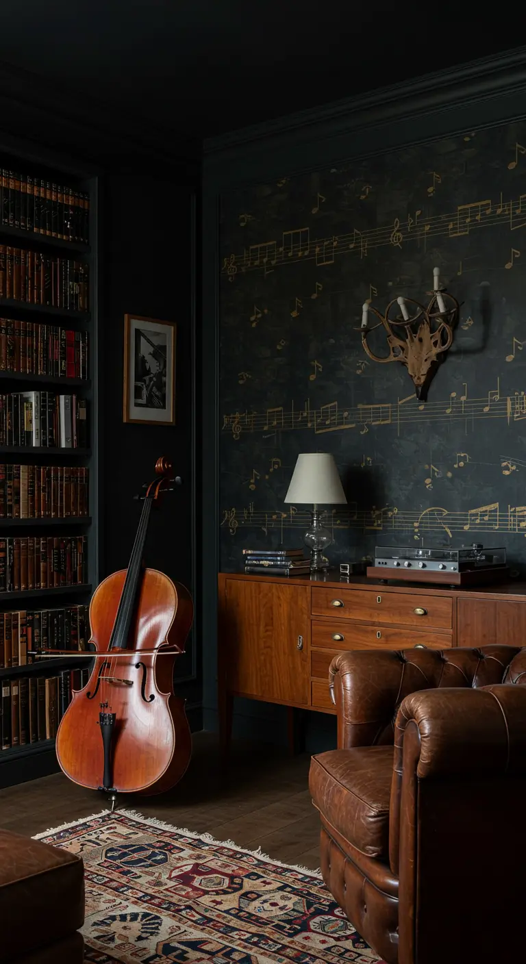 A study with a cello, music-themed wallpaper, and a leather armchair.