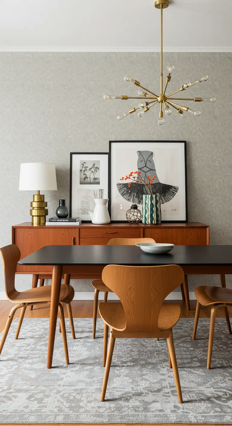 Mid-century dining room with a black table, curved wood chairs, and a brass sputnik chandelier.