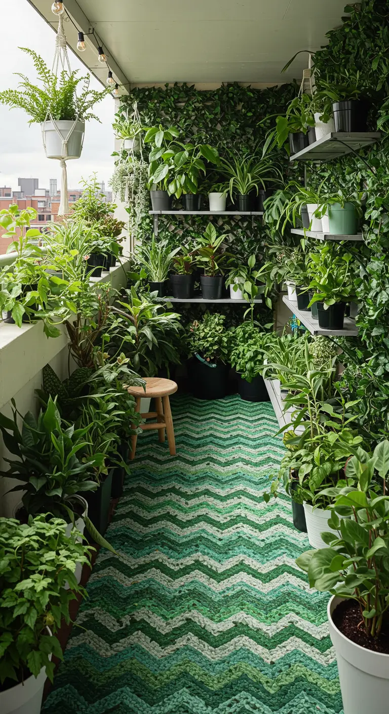 A narrow balcony packed with green plants, with a green chevron rug on the floor.