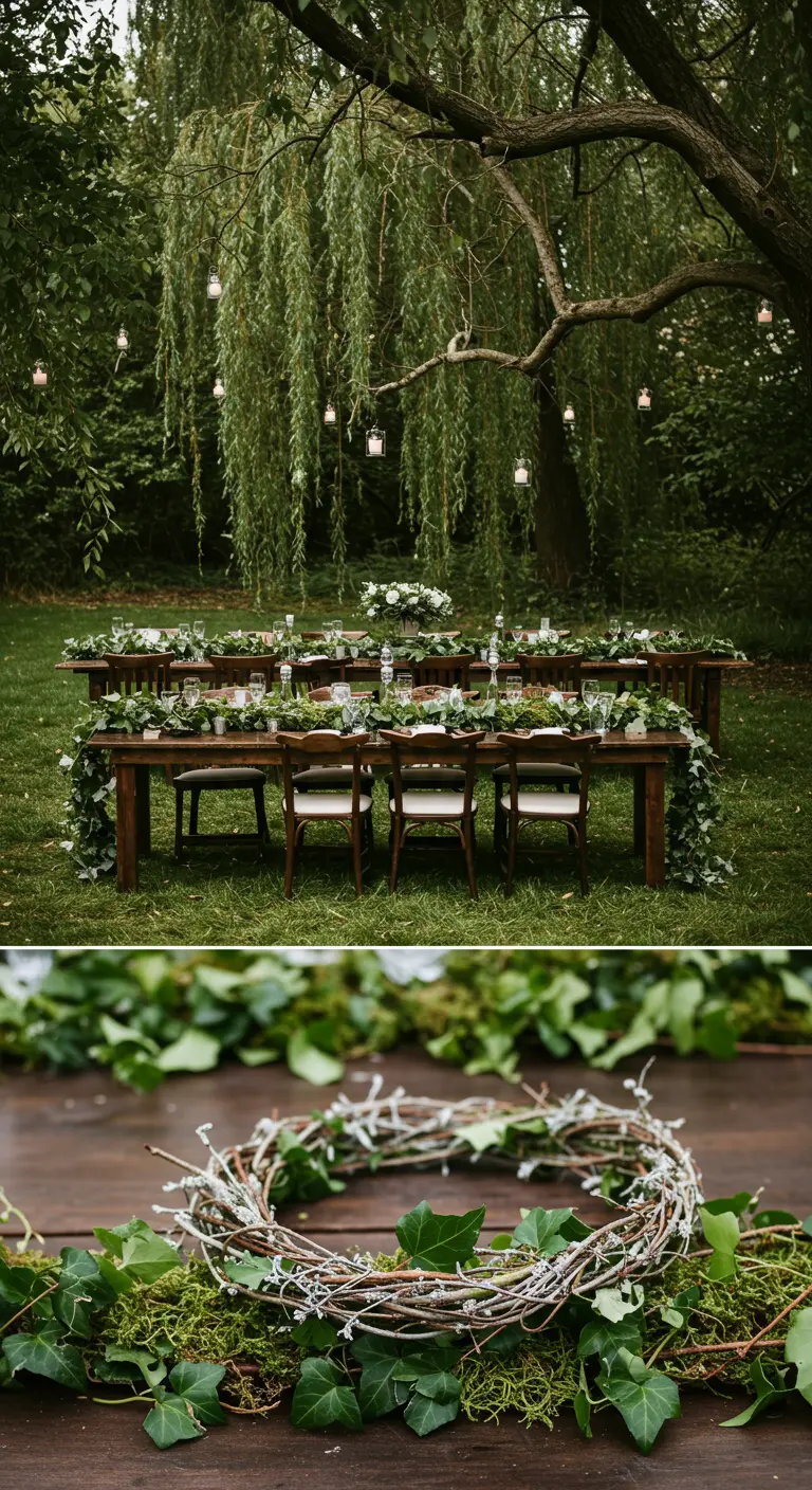 Wedding reception under a willow tree with hanging candles and ivy garlands.