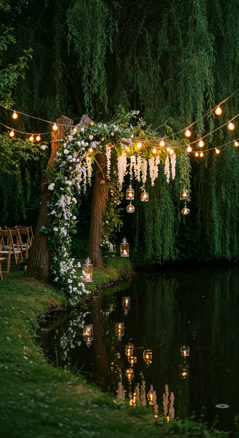 A wedding ceremony under a weeping willow tree decorated with string lights and hanging lanterns.