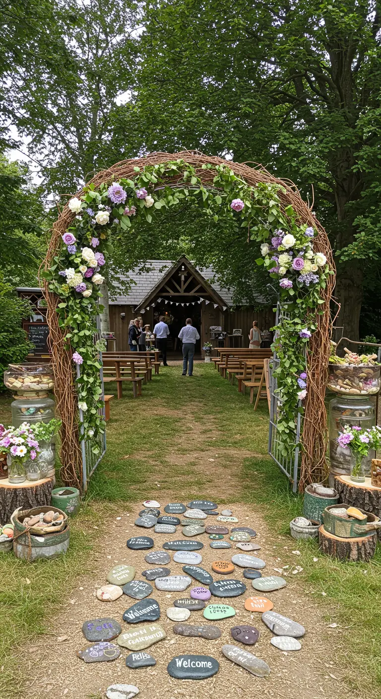 Garden party entrance with a floral arch and path of painted stones.