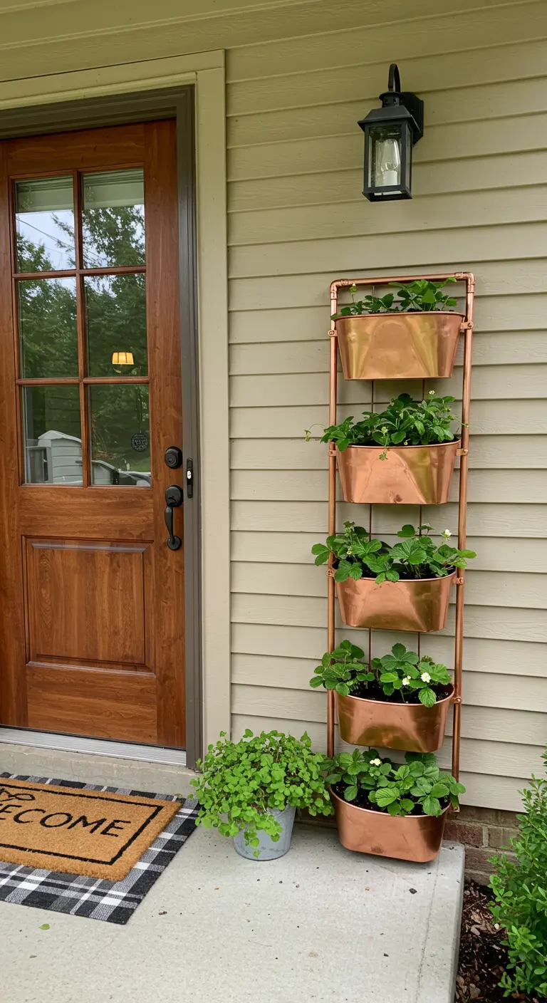 Stacked copper planters with strawberries next to a front door
