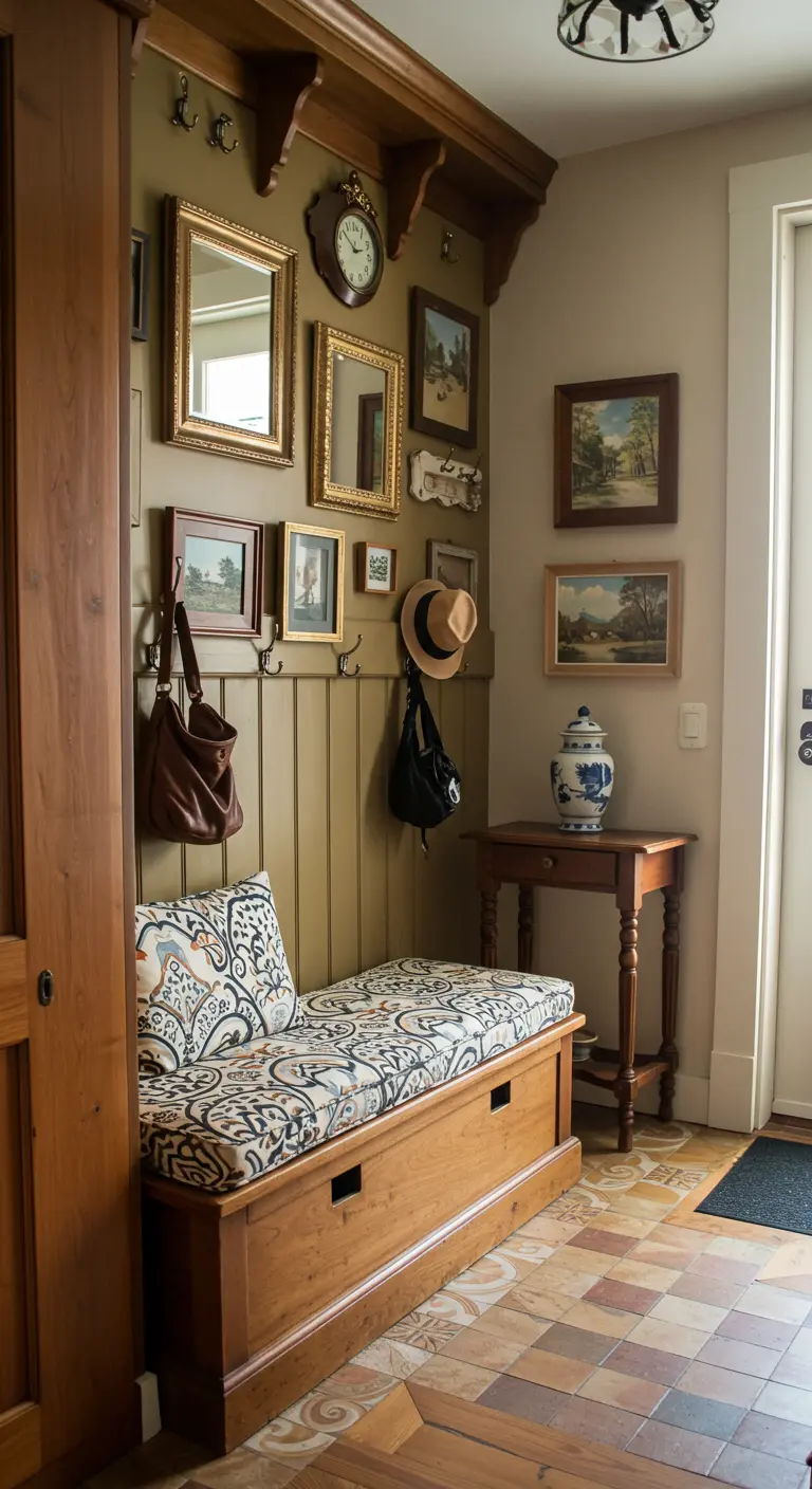 Welcoming entryway with a wooden bench, wall hooks, and a gallery wall of mirrors and framed art.