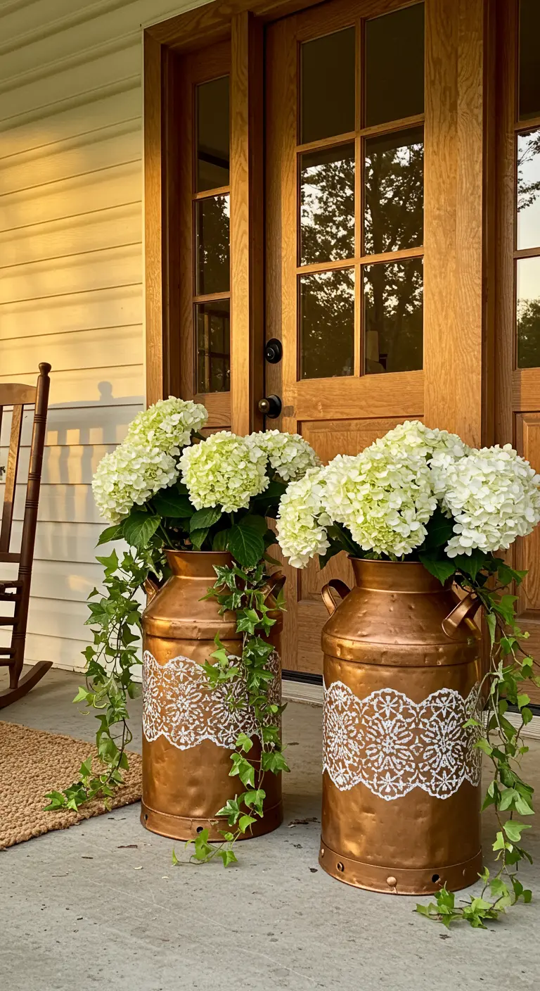 Two copper-painted milk cans with white lace stencils and hydrangeas flank a wooden front door.