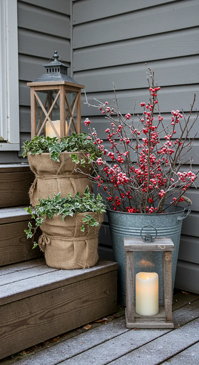 Porch steps decorated with burlap-wrapped ivy, a bucket of winterberries, and lanterns.