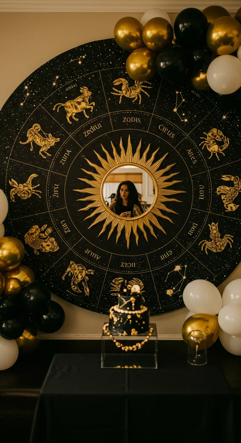 A large black and gold zodiac wheel backdrop with a mirror in the center.