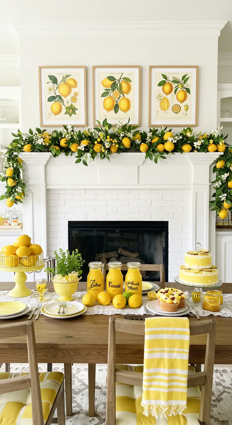 Bright summer mantel with a lemon garland and botanical lemon prints.