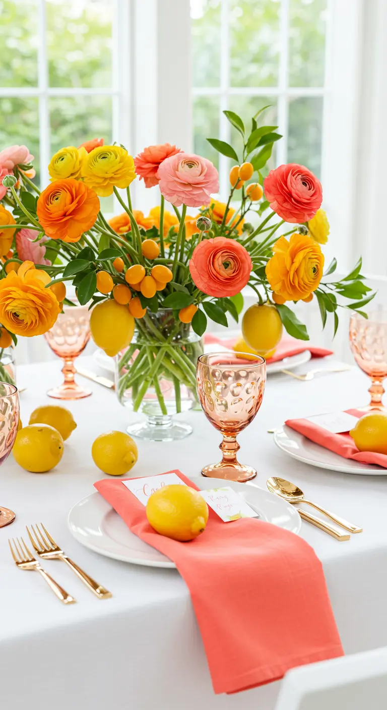 Bright tablescape with a centerpiece of ranunculus and fresh lemons, and coral napkins.
