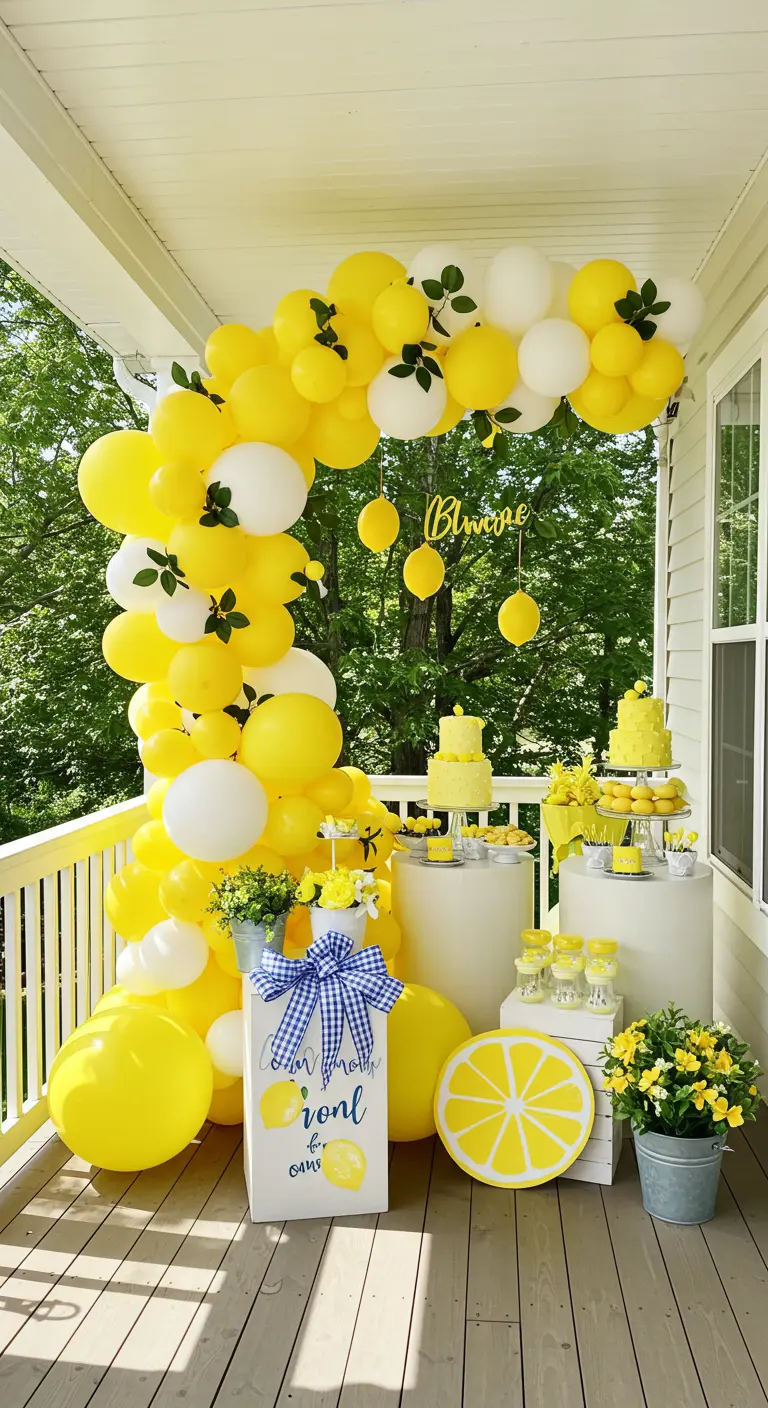 A yellow and white lemonade-themed balloon arch on a porch with lemon decorations.