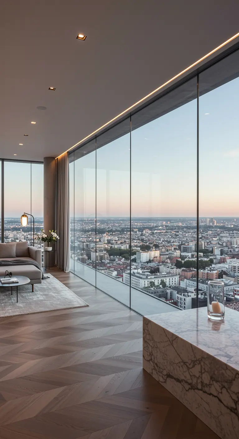 A modern high-rise apartment with floor-to-ceiling windows overlooking a city at dusk.