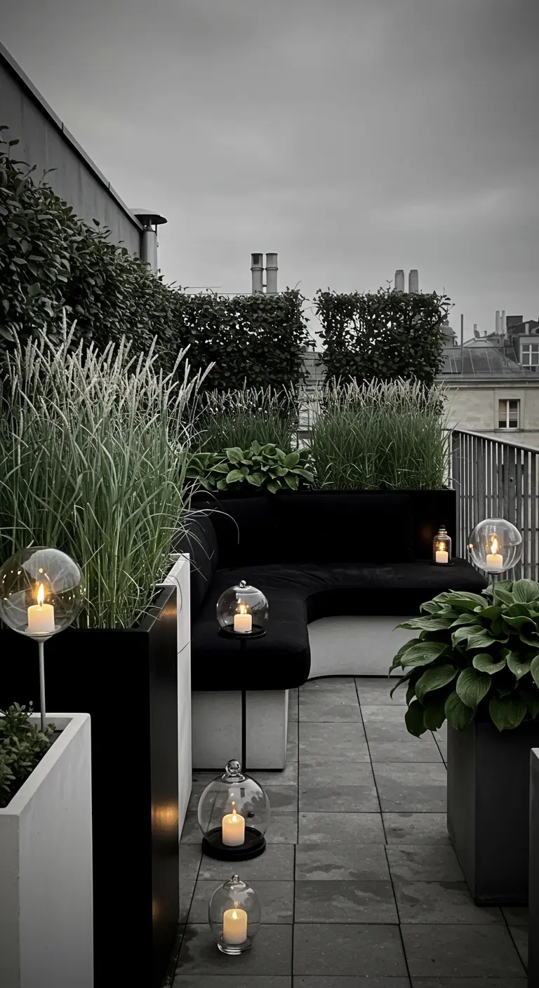 A rooftop terrace with a black sofa framed by large planters filled with tall grasses and green plants.