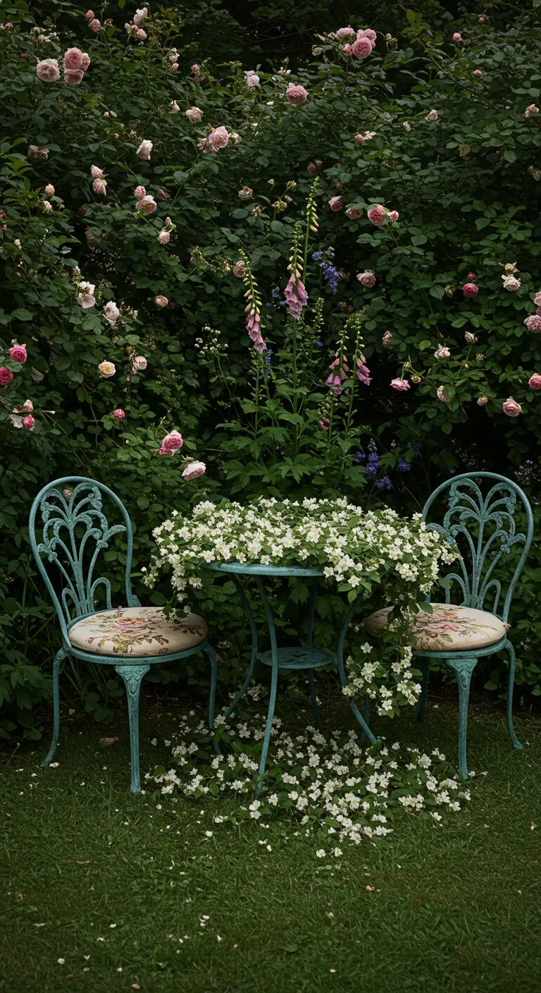 A blue bistro table covered in fallen jasmine, set amongst lush rose bushes.