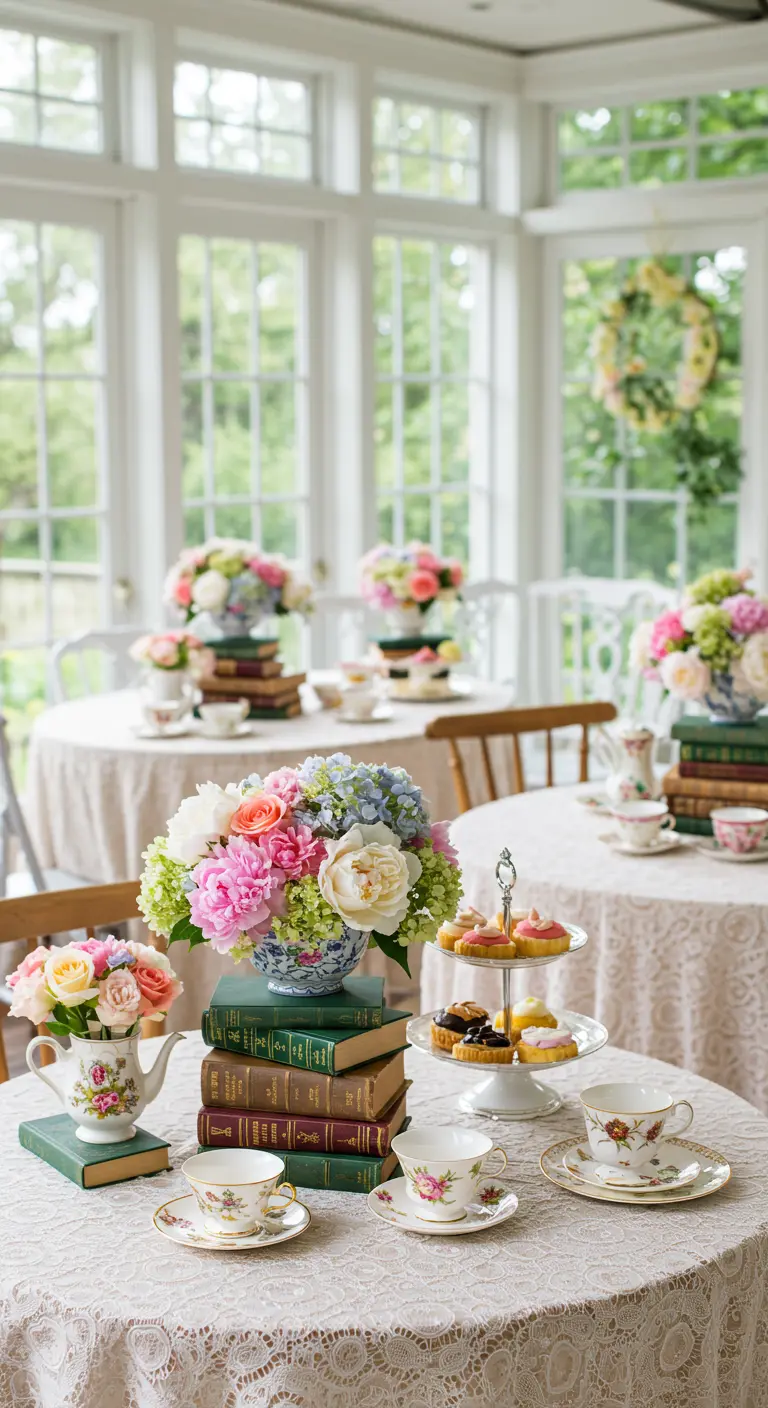 Sunroom tea party with lace tablecloths, teacups, and book stacks with pastel flowers.