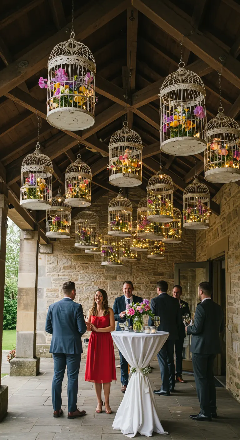 White birdcages filled with colorful flowers and fairy lights hanging from a ceiling.