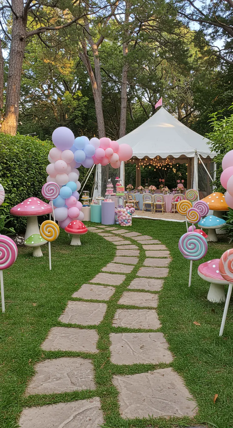 A stone path leading to a party tent, flanked by giant lollipops and mushroom props.