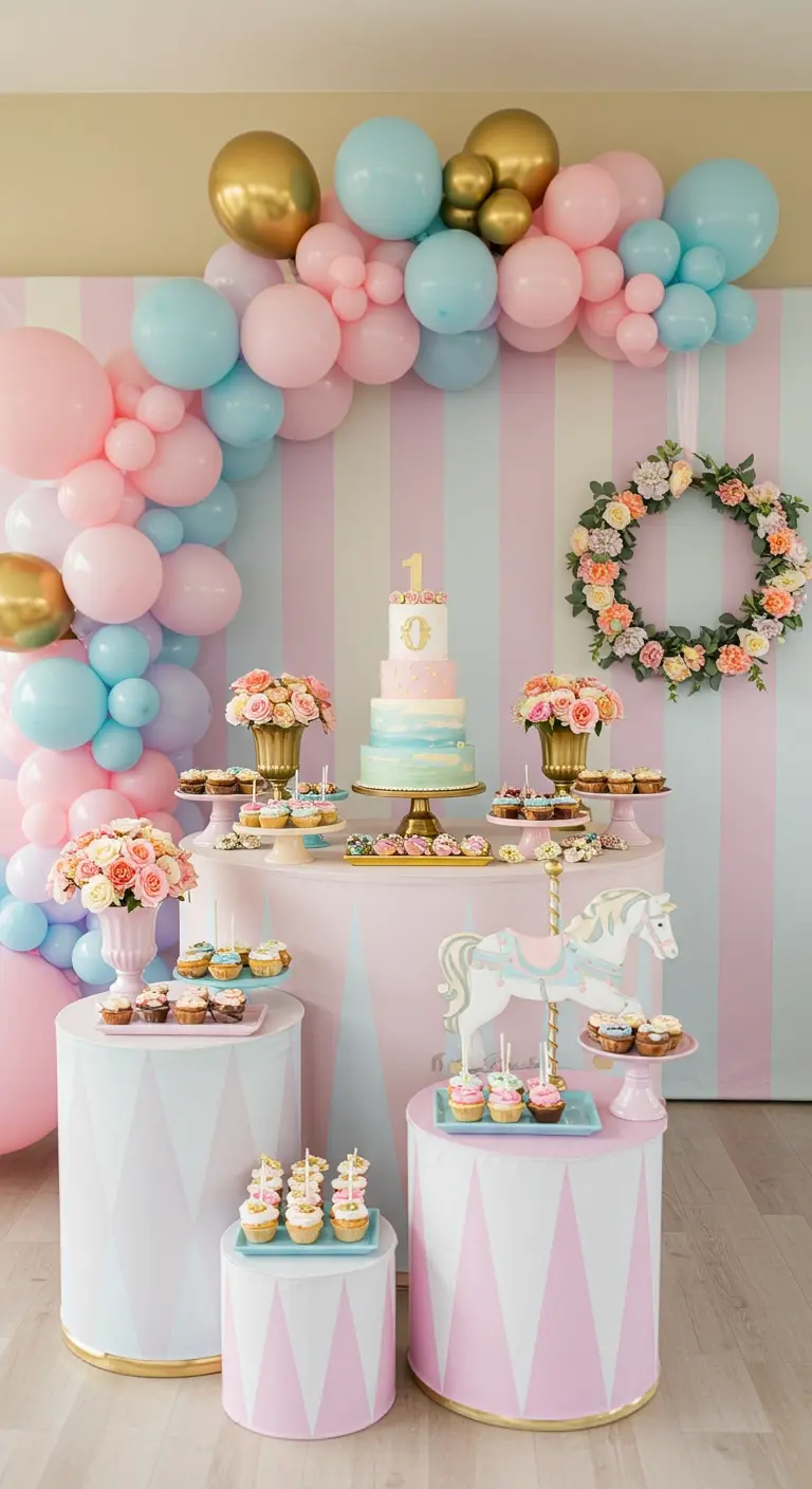 A carousel-themed party with pink, blue, and gold balloons, striped pedestals, and a floral wreath.