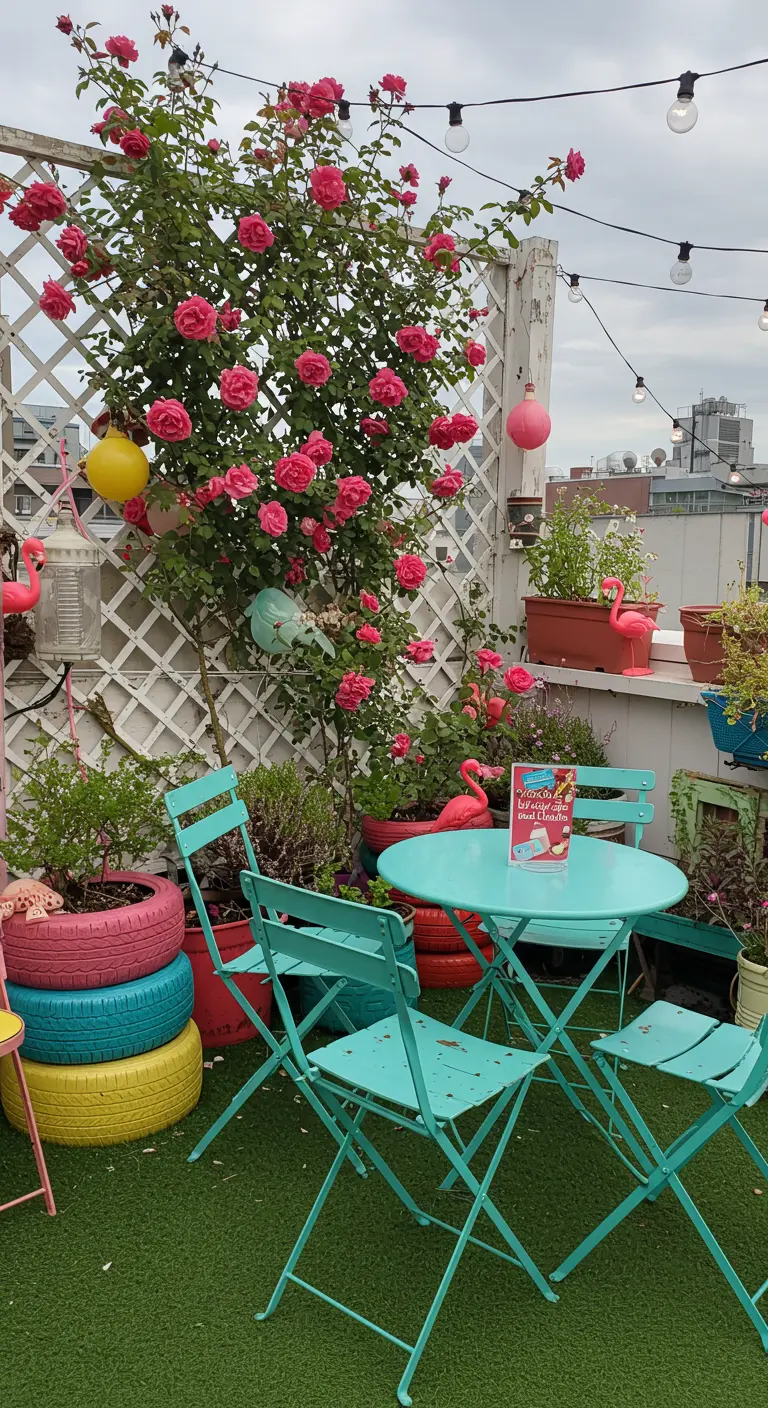 A playful rooftop garden with planters made from colorful painted tires and a climbing rose.