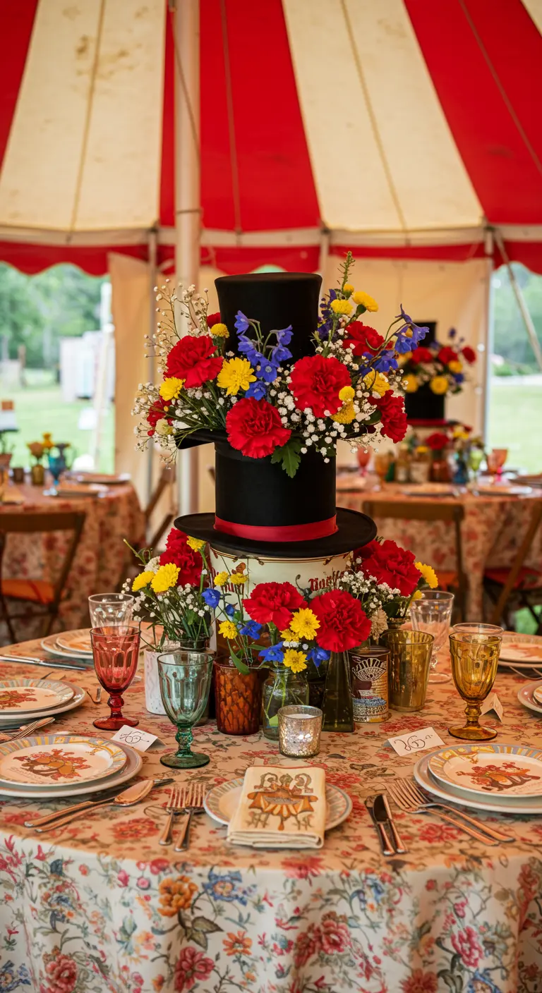 A circus-themed centerpiece made from a stacked top hat filled with red and yellow flowers.