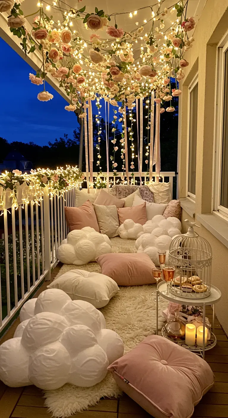 Balcony with a cloud light, cascading fairy lights, faux fur rug, and soft cushions.