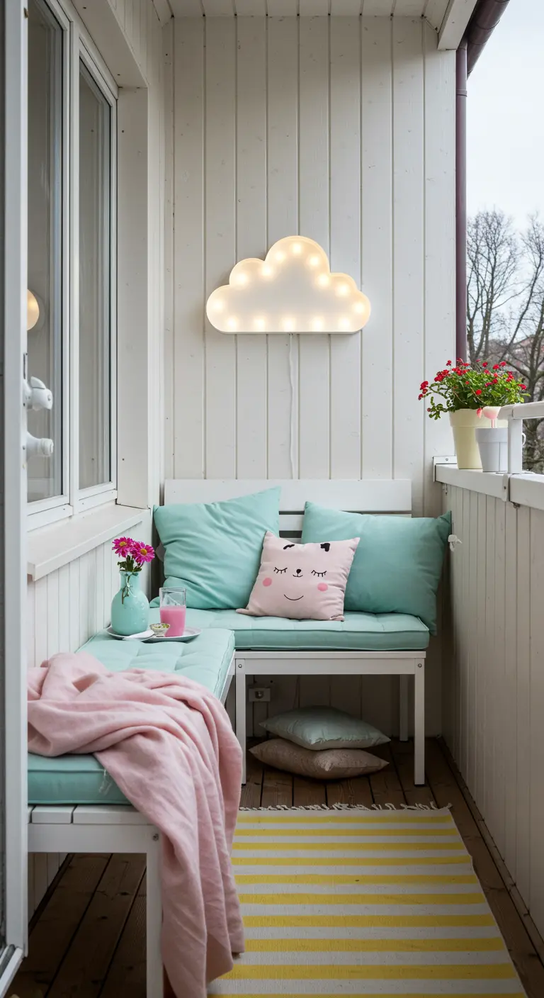 A cute balcony with a white bench, pastel pillows, a striped rug, and a cloud-shaped wall lamp.