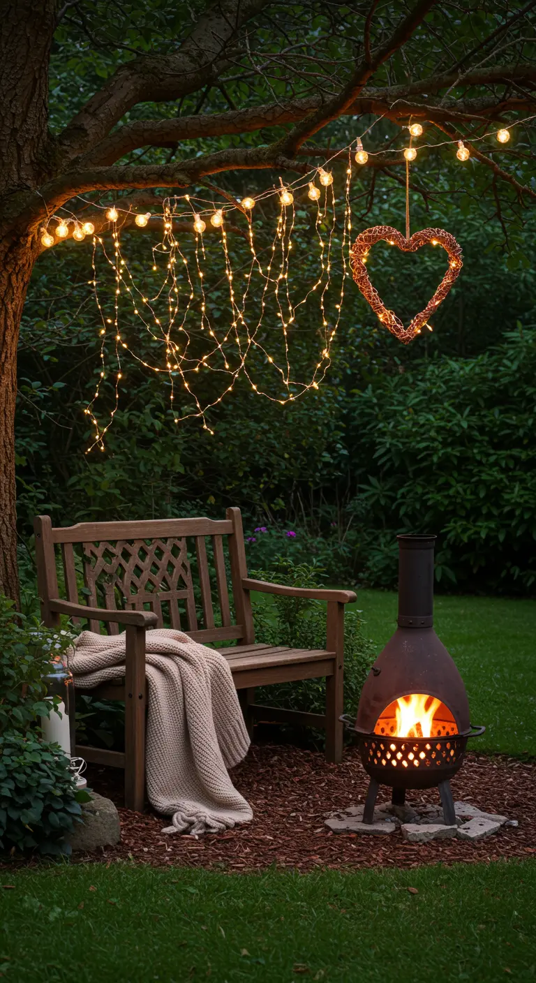 A garden bench near a chiminea, with a waterfall of fairy lights and a heart-shaped wreath.
