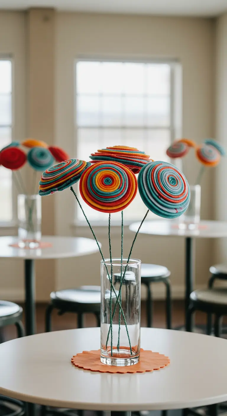 Colorful, swirly flowers made from rolled felt in a glass vase.