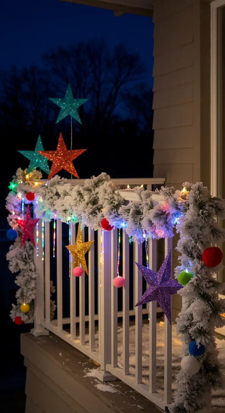 A white porch railing with a flocked garland, colorful stars, pom-poms, and rainbow lights.
