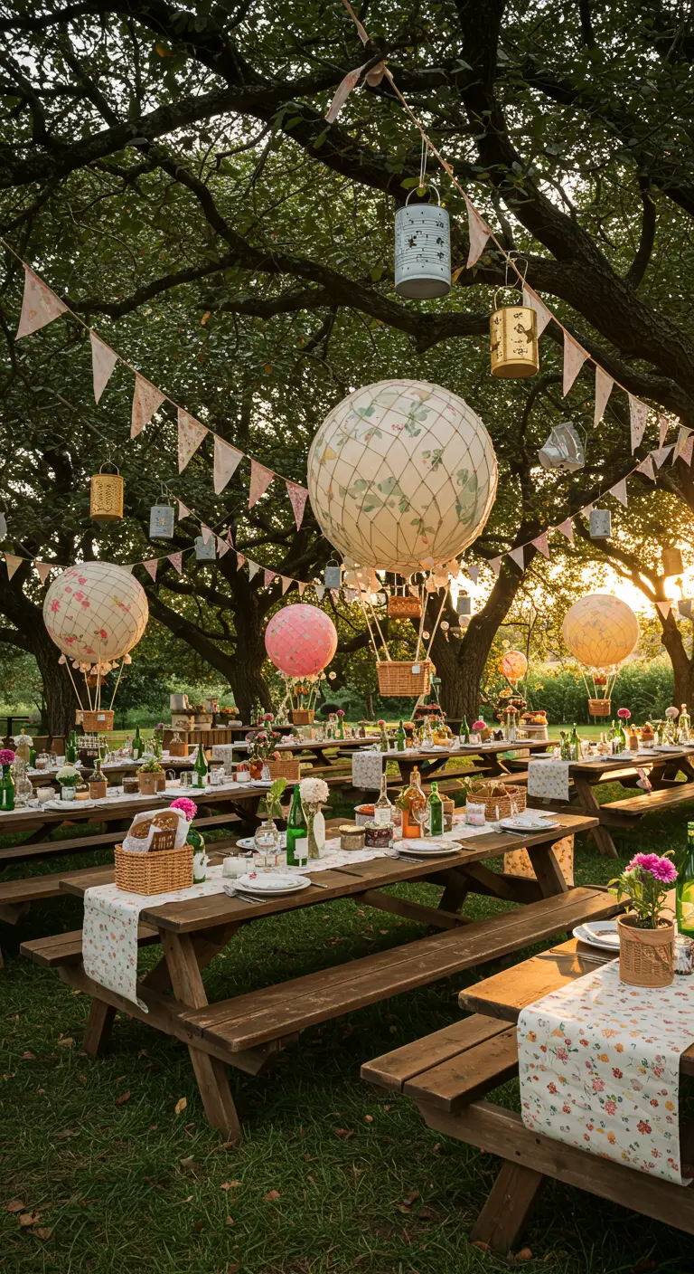 Outdoor picnic tables set under trees with large hot air balloon lanterns hanging above.