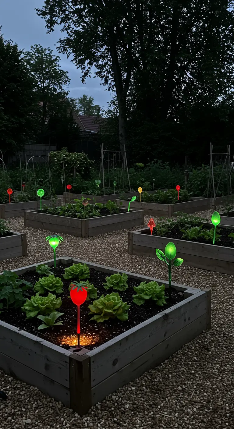 Raised vegetable garden beds with whimsical, glowing solar markers shaped like vegetables.