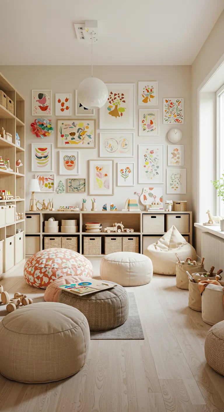Bright playroom with open shelving, soft poufs, and a large gallery wall of colorful abstract children's art.