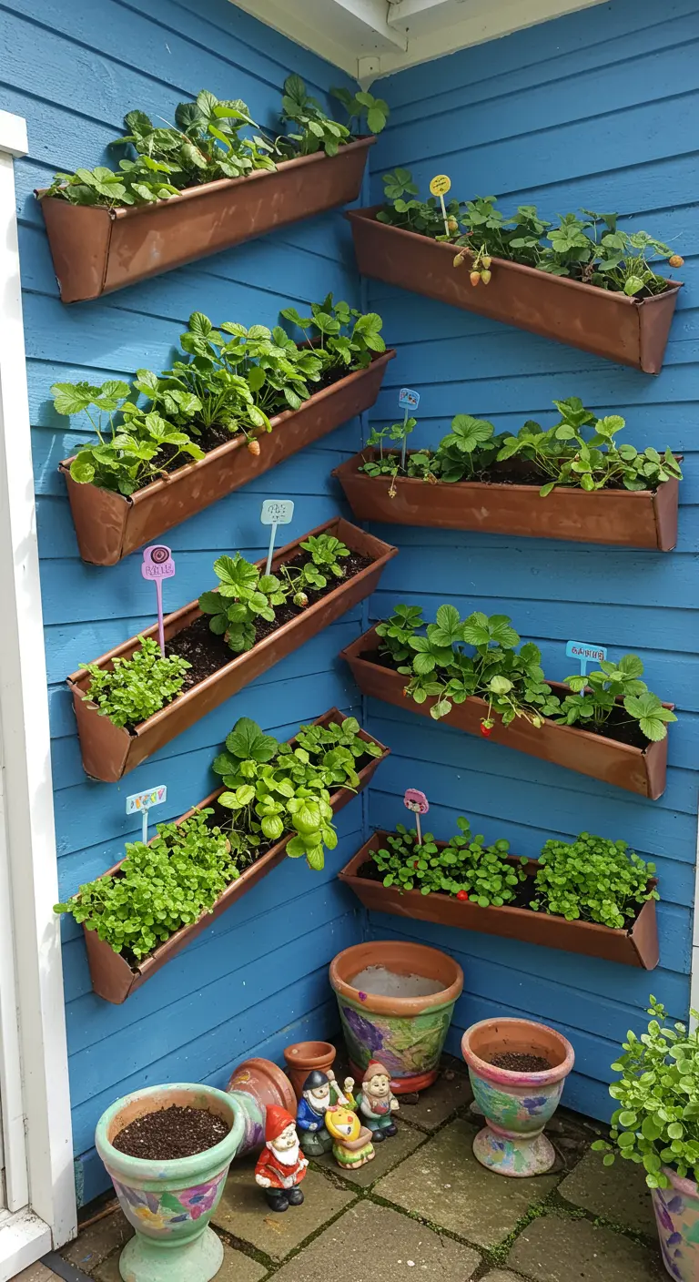 Angled copper gutters with strawberries and greens on a blue wall
